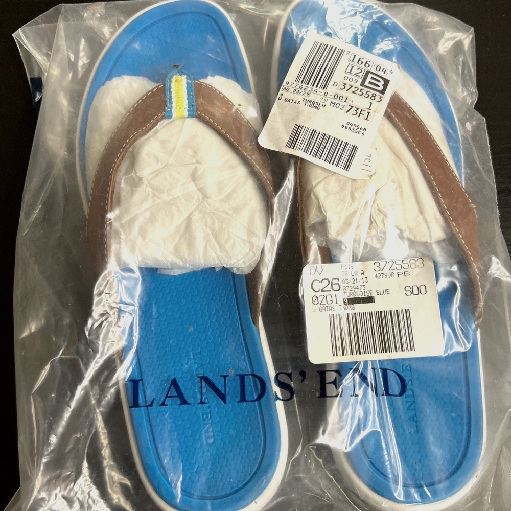 Brand New Lands' End Blue Brown Flip Flops